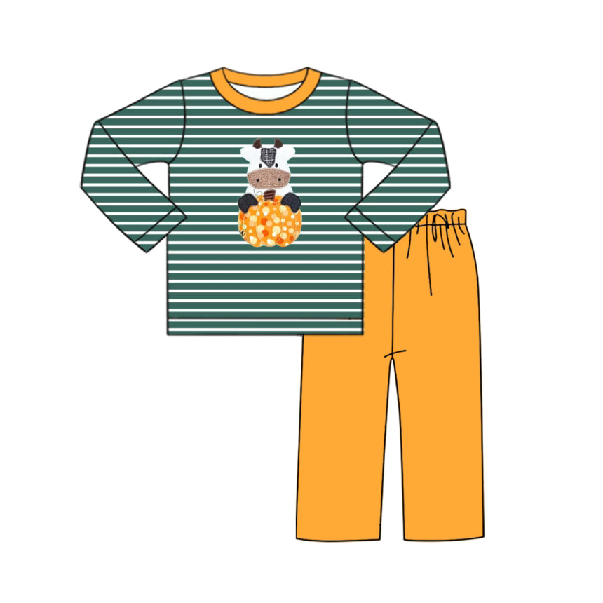 preorder BLP1169 Farm cow pumpkin green striped long sleeve orange pants boys set
