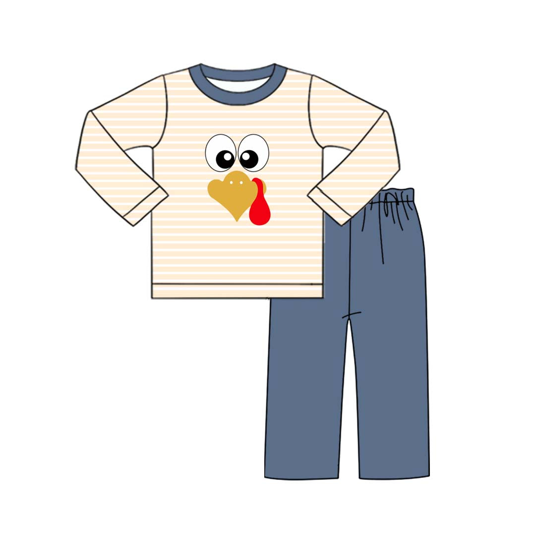 preorder BLP1171 Thanksgiving turkey striped long sleeve blue pants boys set