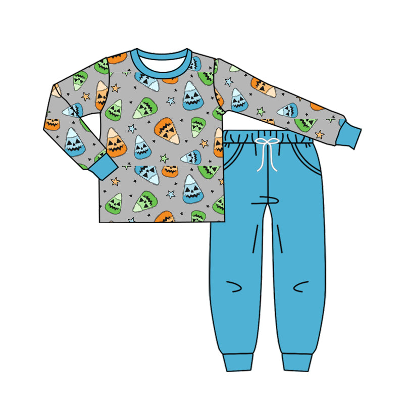 preorder BLP1180 Hallooween corn candy smile long sleeve blue pants boys set