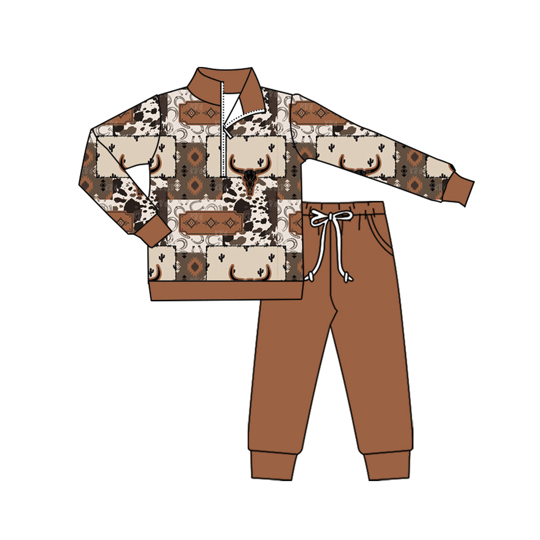 preorder BLP1199 Western cow Aztec zipepr brown long sleeve brown pants boys set