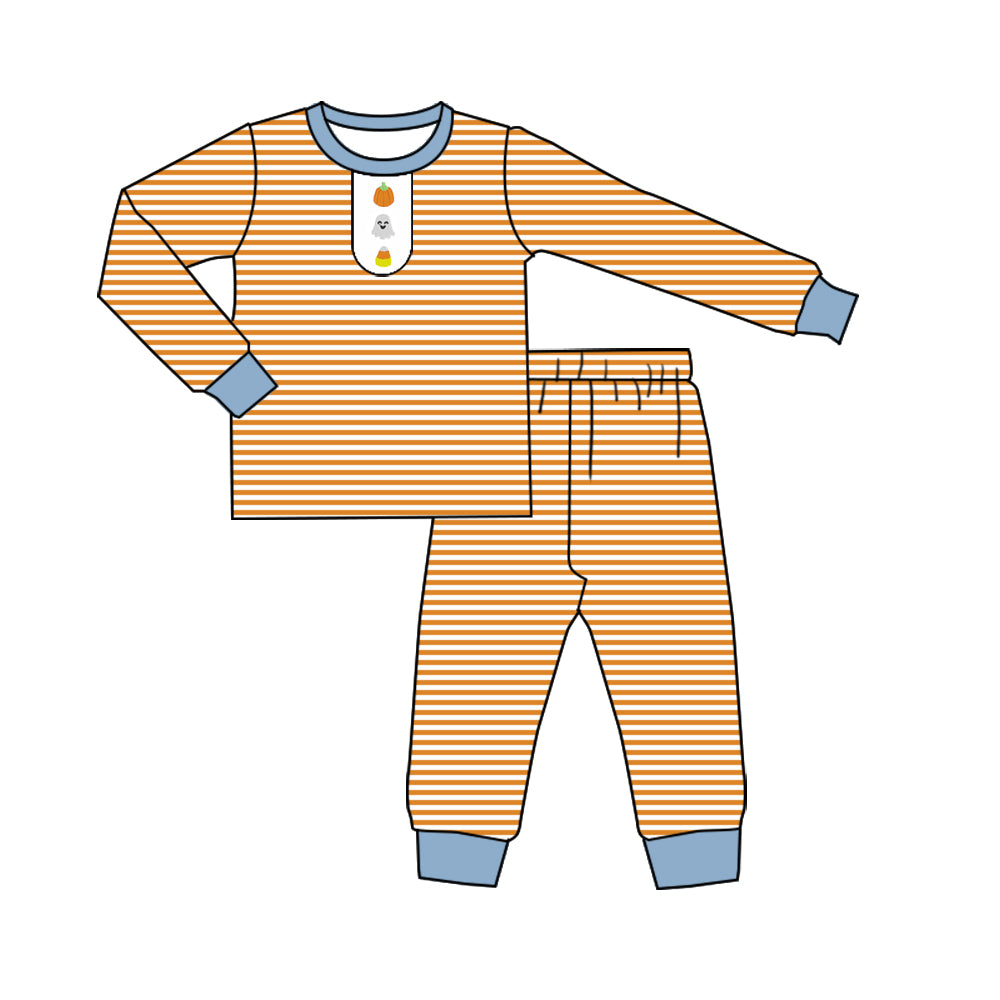 preorder BLP1203 Halloween spooky pumpkin orange striped long sleeve pants boys pajamas