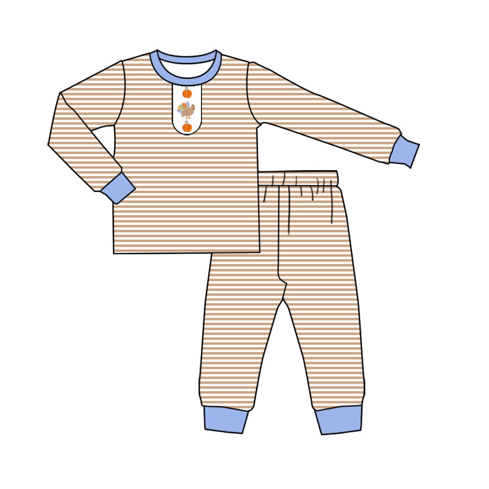 preorder BLP1204 Christmas orange striped Thanksgiving turkey long sleeve pants boys pajamas