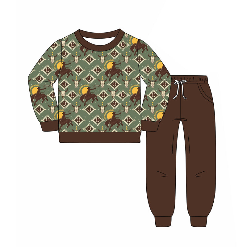 preorder BLP1209 Western rodeo aztec green long sleeve brown pants boys set