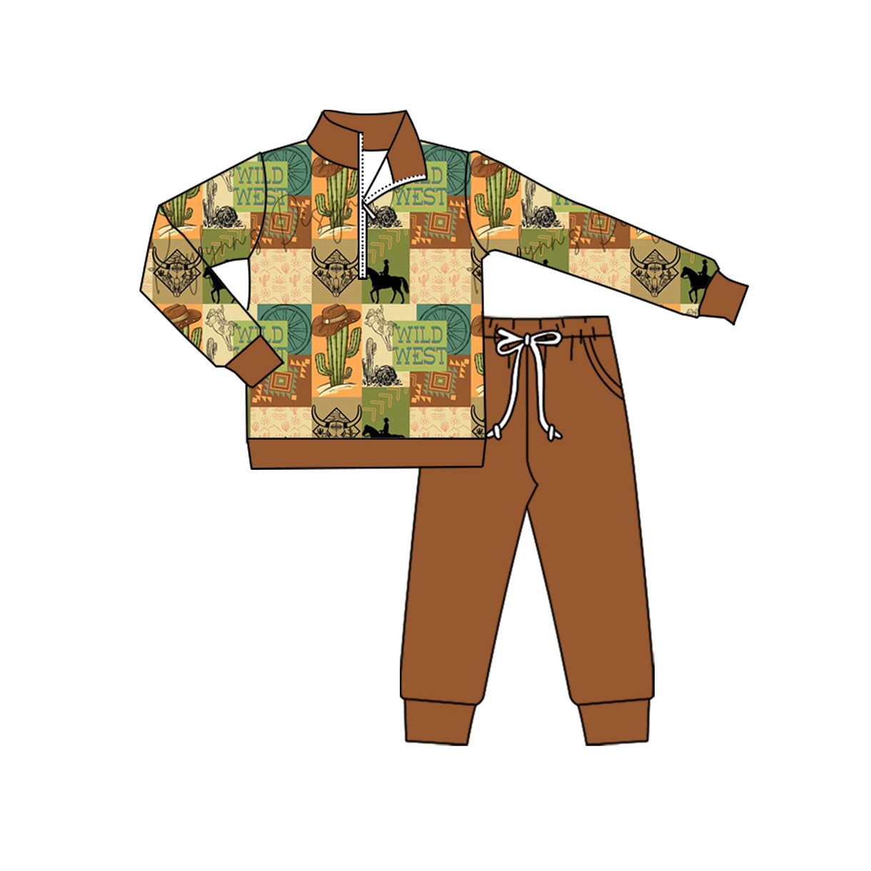 preorder BLP1218 Western cactus wild west rodeo zipper long sleeve pants boys set