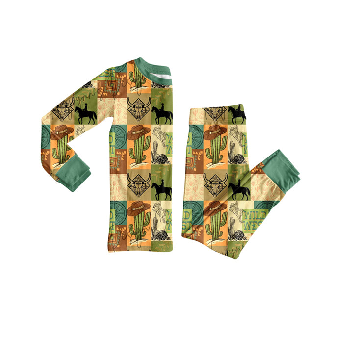 preorder BLP1219 Western cactus wild west rodeo zipper long sleeve pants boys pajamas