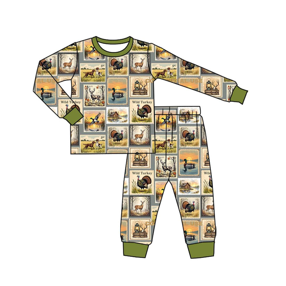preorder BLP1233 hunting wild turkey deer mallard dog long sleeve pants boys pajamas