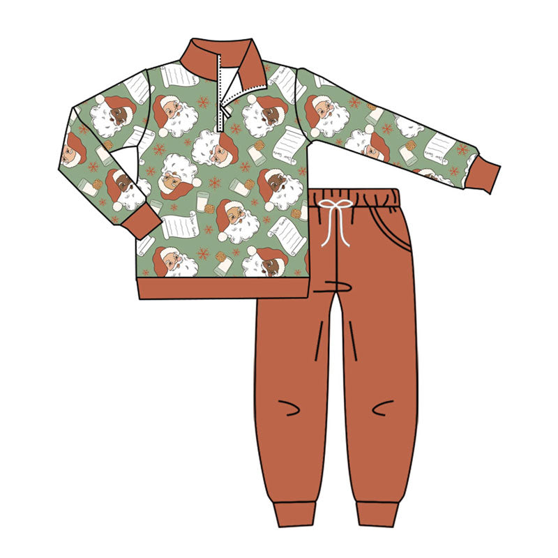 preorder BLP1246 Christmas Santa milk green zipper long sleeve brown pants boys set