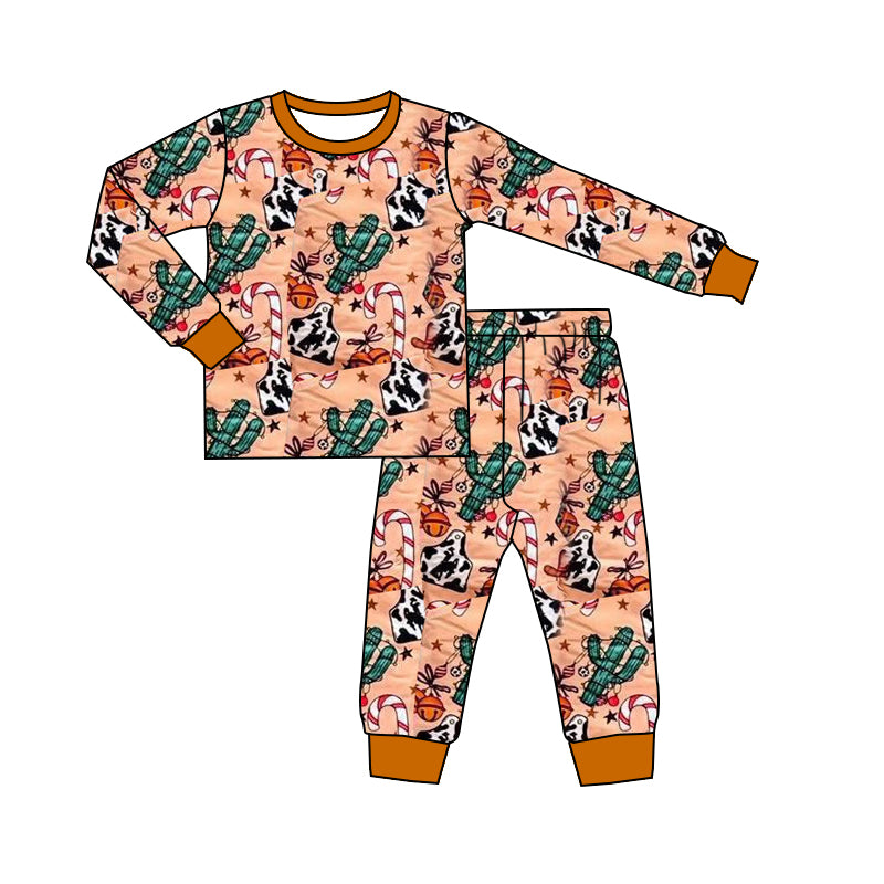 preorder BLP1254 Christmas Western cane candy cactus brown long sleeve pants boys pajamas