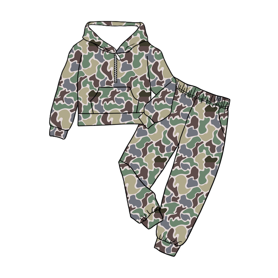 preorder BLP1265 hunting camo zipper pocket hoodie long sleeve pants boys set