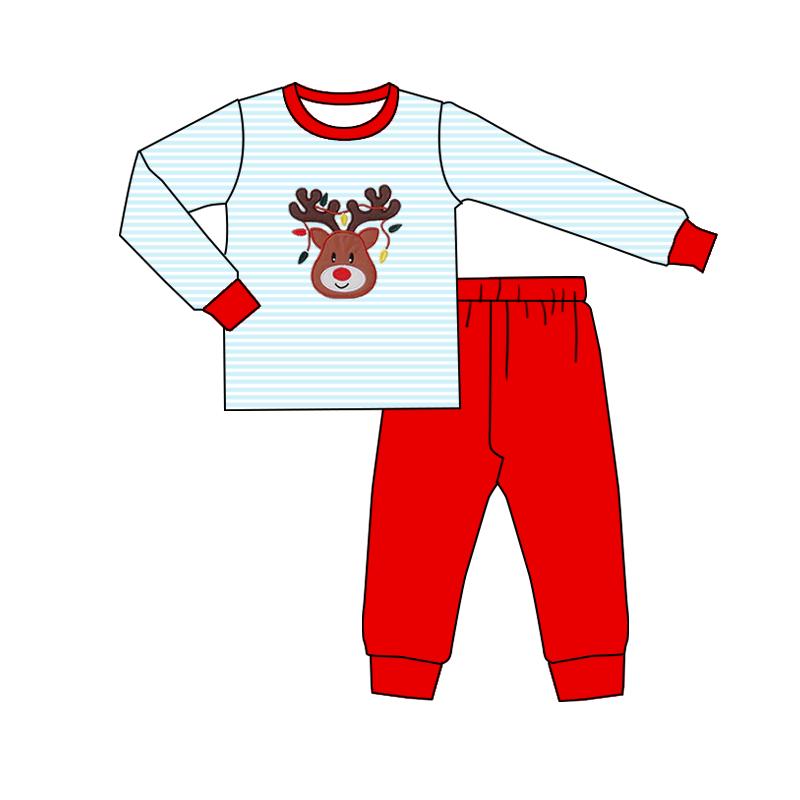 preorder BLP1275 Christmas deer light blue striped long sleeve red pants boys set