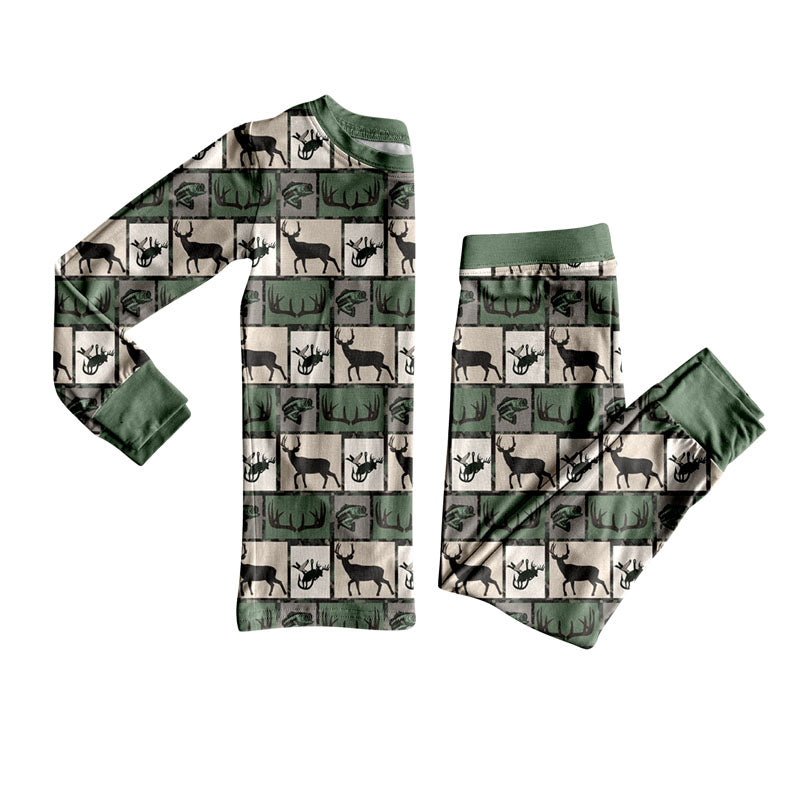 preorder BLP1276 hunting deer green checkered long sleeve pants boys pajamas