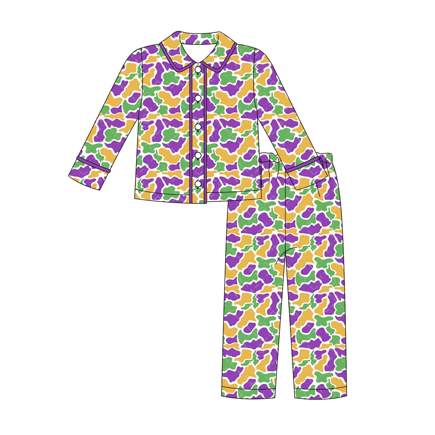 preorder BLP1292 Mardi Gras camo yellow purple green long sleeve pants boys pajamas