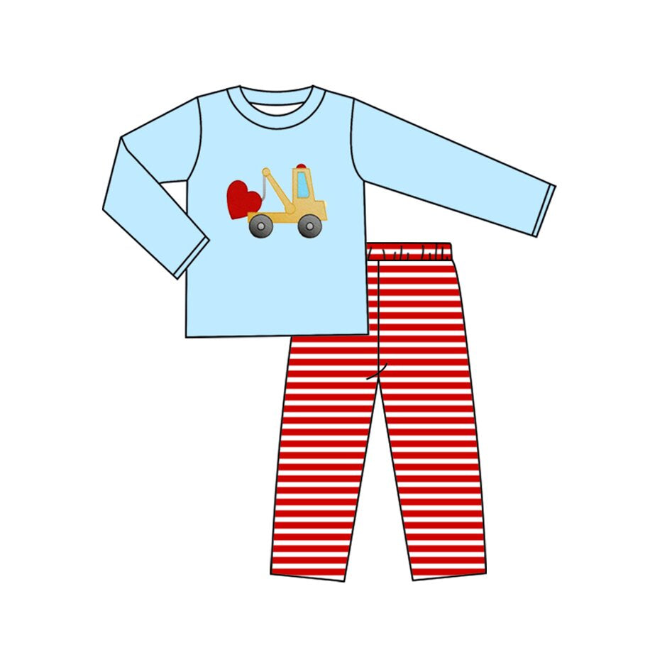 preorder BLP1303 Valentine's Day heart construction truck blue long sleeve red striped pants boys set