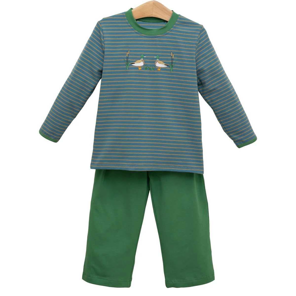 preorder BLP1306 hunting mallard duck dark green striped long sleeve green pants boys set