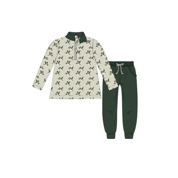 preorder BLP1309 hunting mallard duck zipper long sleeve dark green pants boys set