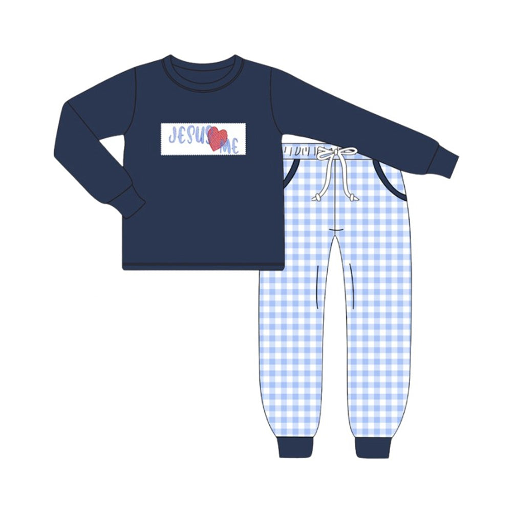 preorder BLP1313 Easter Jesus love me navy blue long sleeve blue checkered pants boys set