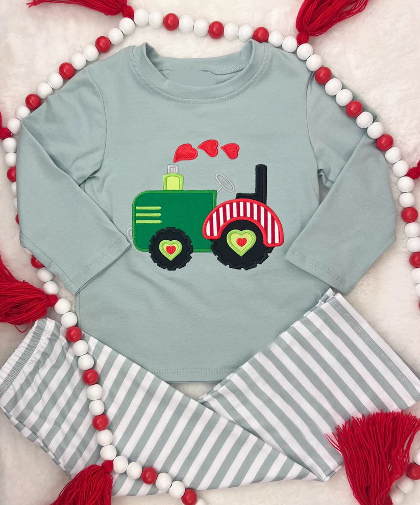 preorder BLP1315 Valentine's Day heart tractor grey long sleeve striped pants boys set