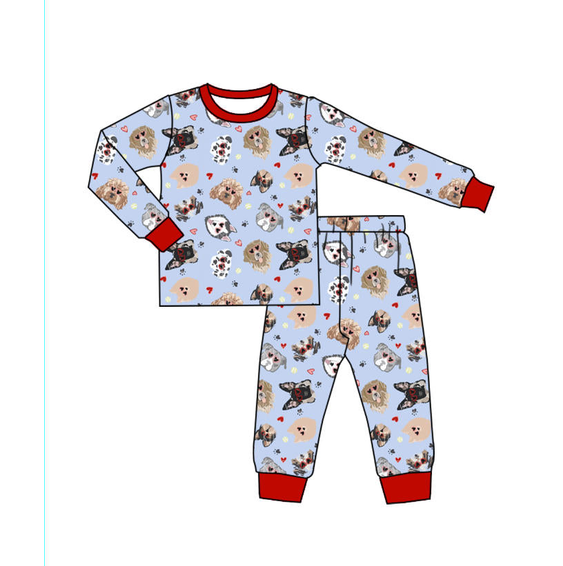 preorder BLP1316 Valentine's Day dog heart blue long sleeve pants boys pajamas