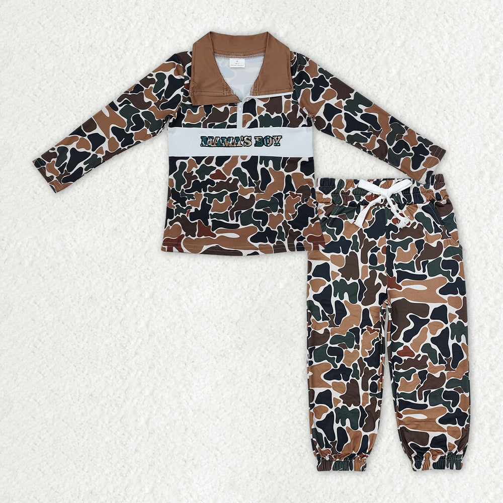 BLP1325 embroidery mama's boy camo zipper long sleeve pants boys set