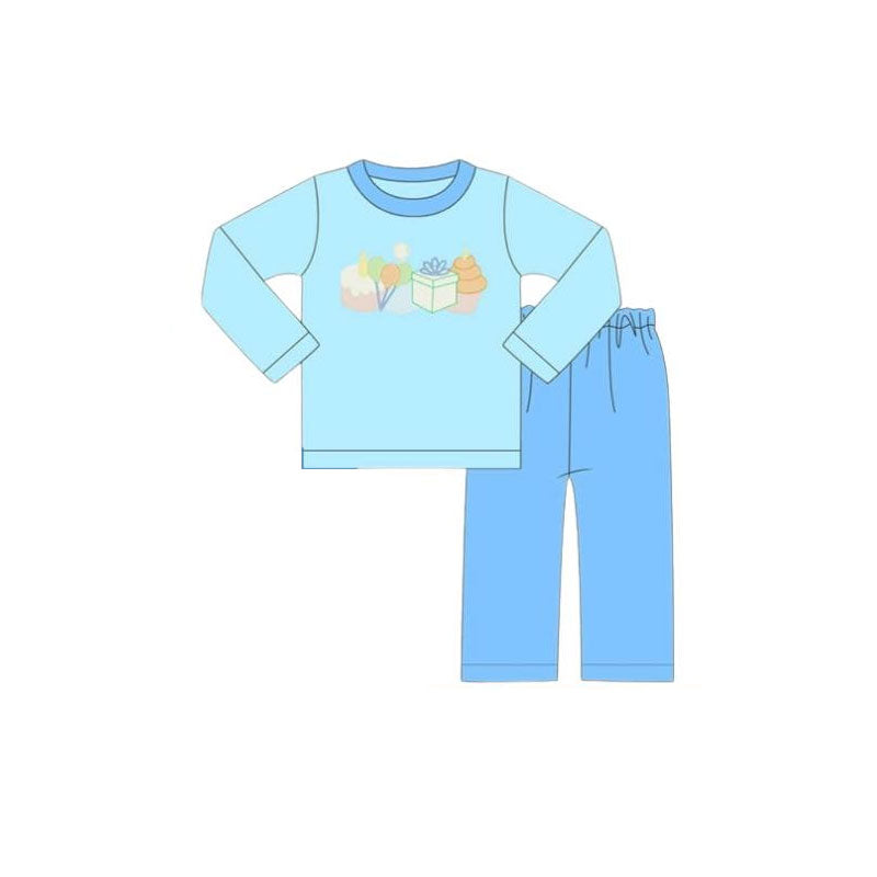 preorder BLP1357 happy birthday cake balloon blue long sleeve blue pants boys set