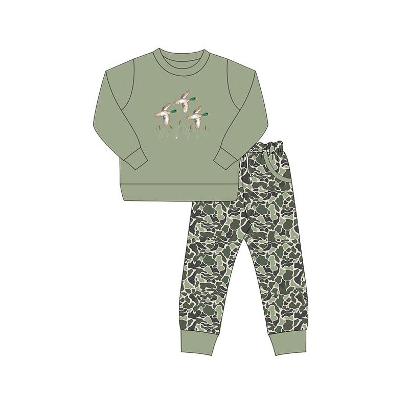 preorder BLP1358 hunting mallard duck green long sleeve camo pants boys set