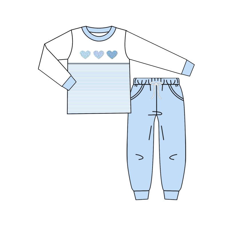 preorder BLP1365 Valentine's Day heart blue long sleeve pants boys set