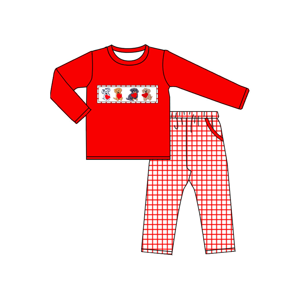 preorder BLP1373 Valentine's Day heart dog red long sleeve checkered pants boys set