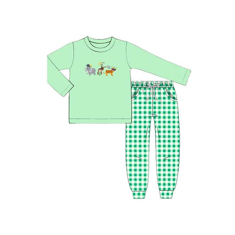 preorder BLP1377 Mardi Gras Monkey Elephant Green Long Sleeve Checkered Pants Boys Set