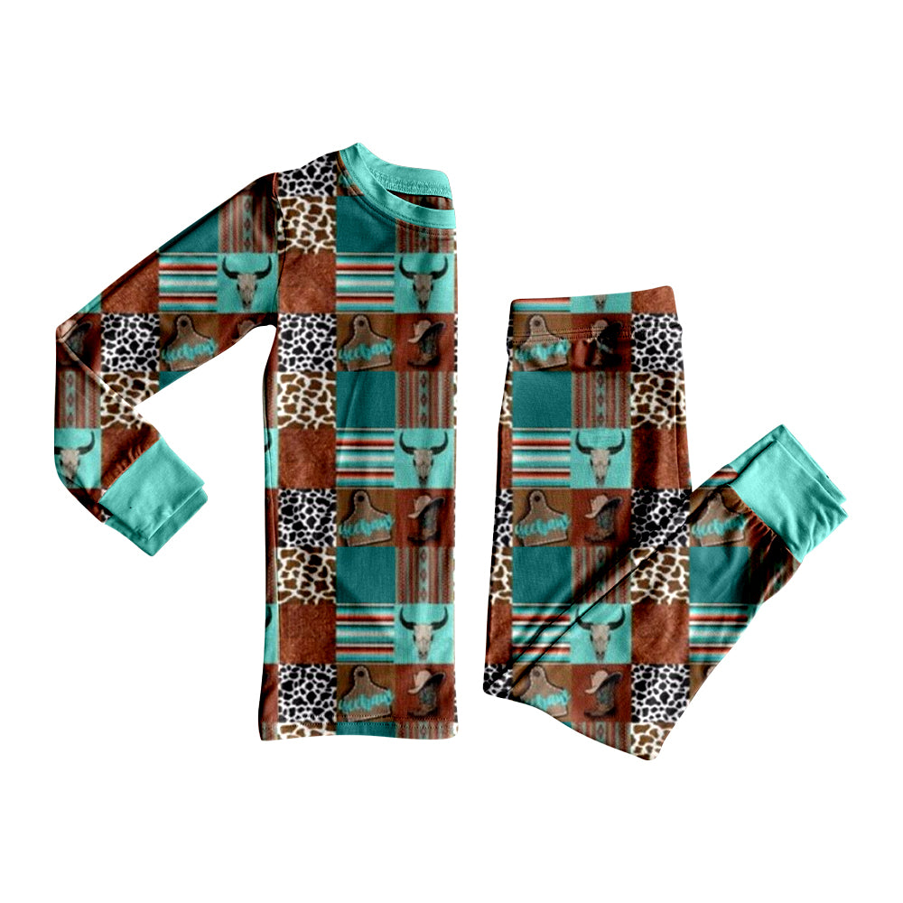 preorder BLP1391 Western Cow Brown Green Long Sleeve Pants Boys Pajamas