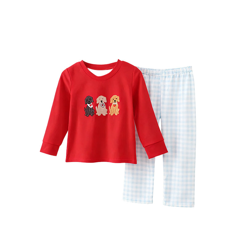preorder BLP1394 Valentine's Day Heart Dog Red Long Sleeve Checkered Pants Boys Set