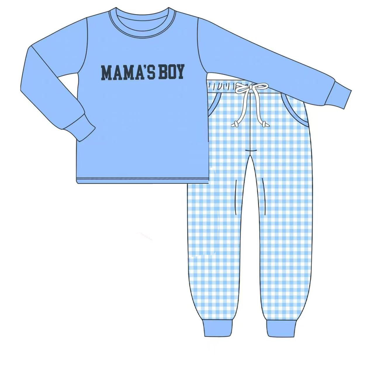 preorder BLP1409 Mama's Boy Blue Long Sleeve Checkered Pants Boys Set