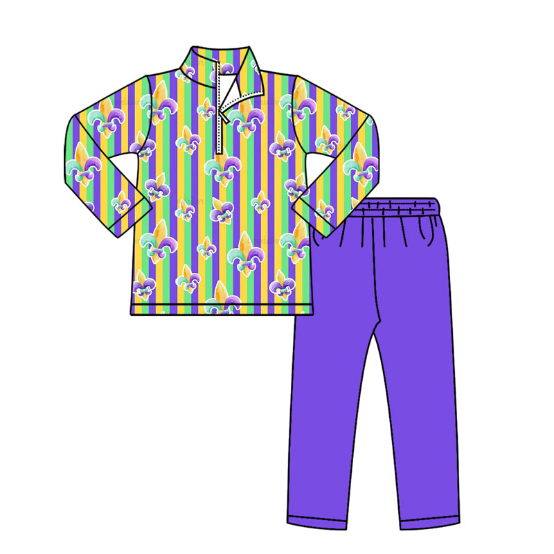 preorder BLP1416 Mardi Gras Zipper Long Sleeve Purple Pants Boys Set