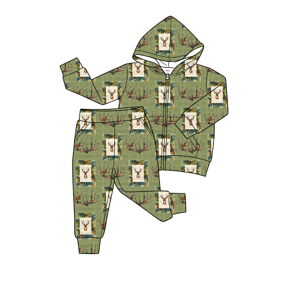 preorder BLP1434 Hunting Deer Green Zipper Hoodie Long Sleeve Pants Boys Set