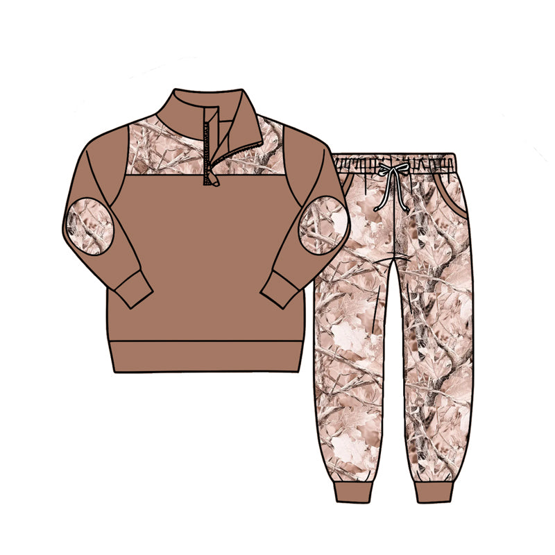 preorder BLP1448 Hunting Camo Brown Zipper Long Sleeve Pants Boys Set