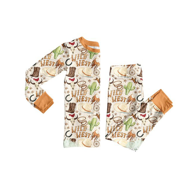 preorder BLP1481 Wild West Cactus Boot Orange Long Sleeve Pants Boys Pajamas