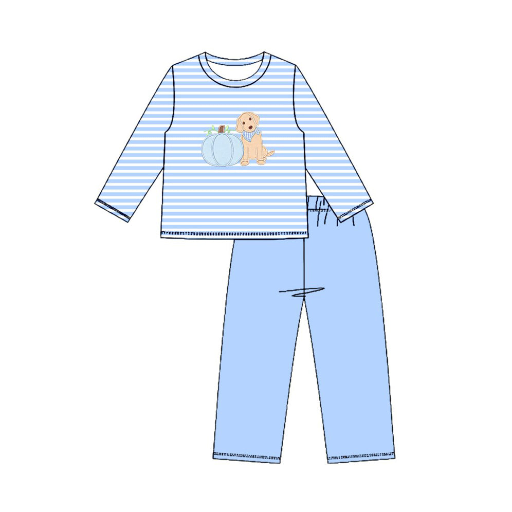 preorder BLP1500 Pumpkin Dog Blue Striped Long Sleeve Pants Boys Set