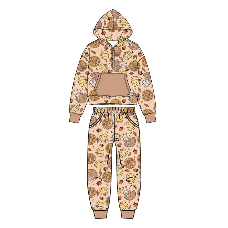 preorder BLP1504 Thankgiving Turkey Pumpkin Pocket Hoodie Long Sleeve Pants Boys Set