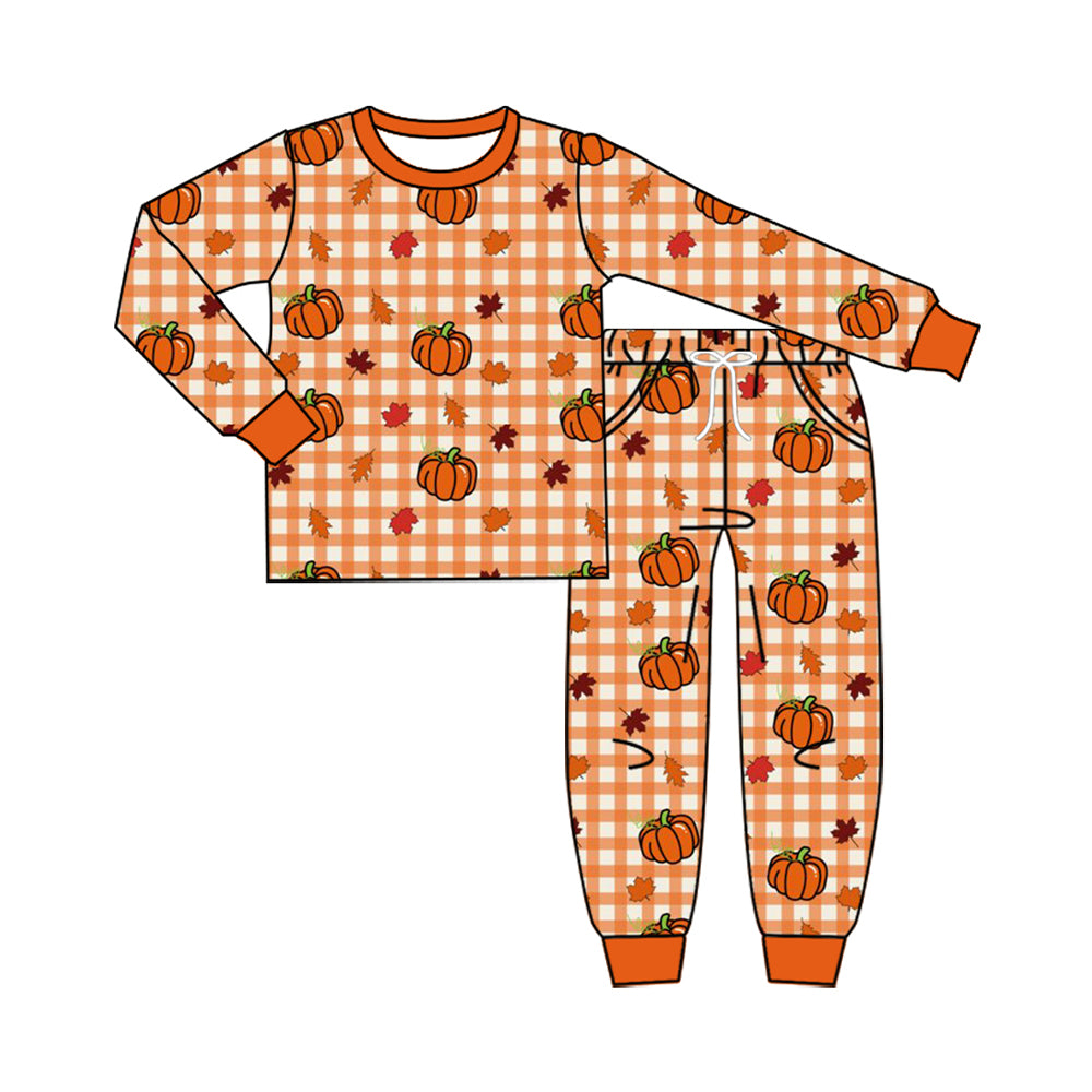 preorder BLP1540 Pumpkin Checkered Long Sleeve Pants Girls Pajamas