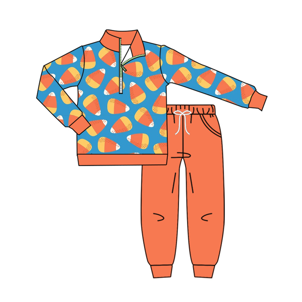 preorder BLP1550 Halloween Corn Candy Zipper Long Sleeve Pants Boys Set