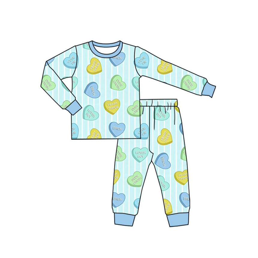 preorder BLP1596 Valentine's Day Heart Blue Long Sleeve Pants Boys Pajamas