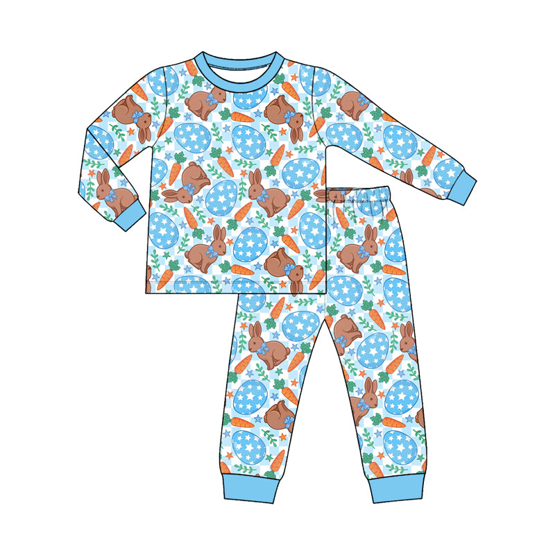 preorder BLP1633 Easter Rabbit Carrot Blue Long Sleeve Pants Boys Pajamas