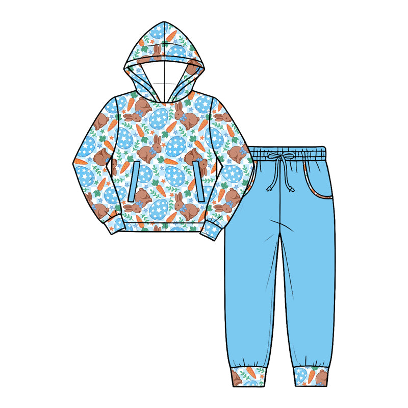 preorder BLP1635 Easter Rabbit Carrot Blue Hoodie Long Sleeve Blue Pants Boys Set