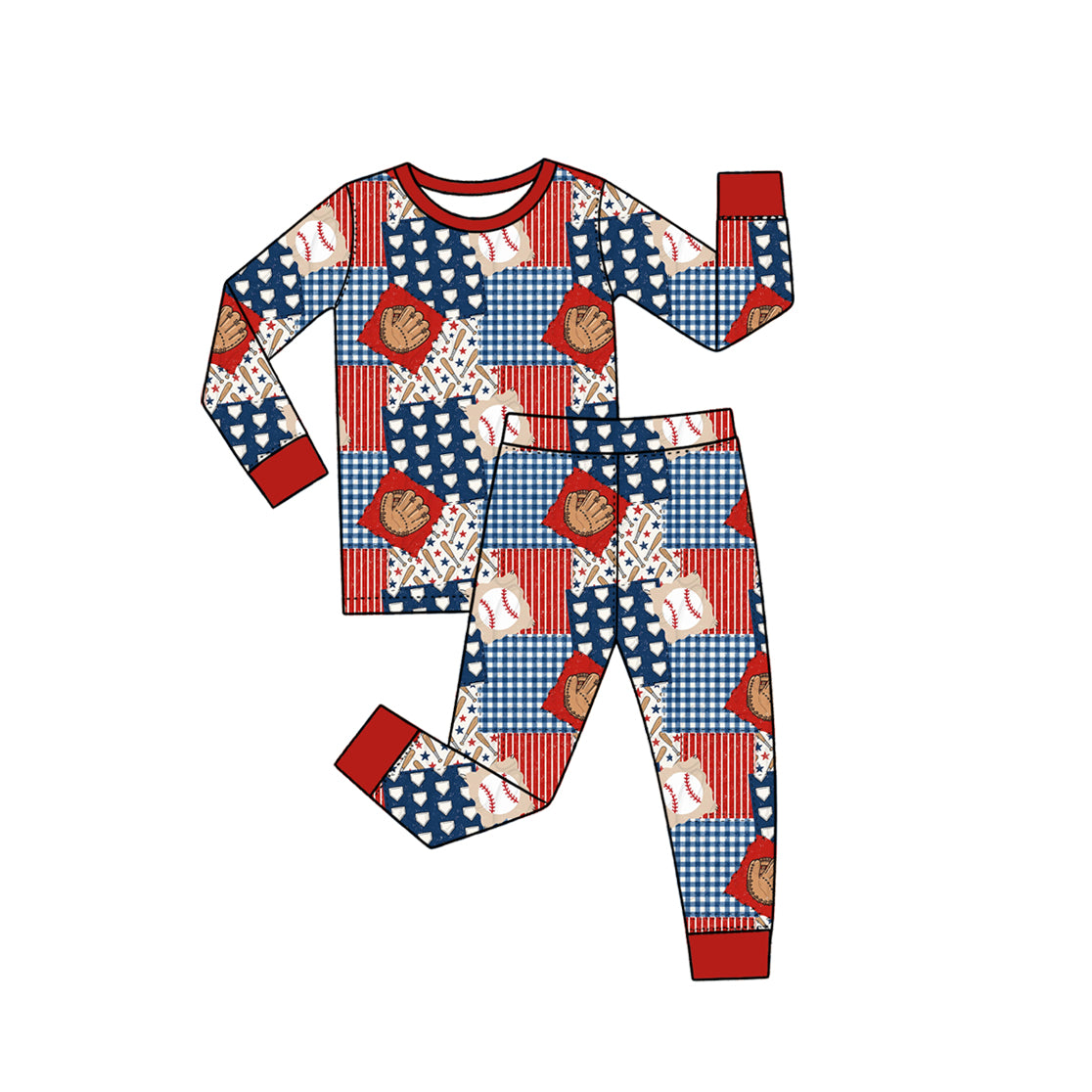 preorder BLP1642 Baseball Red Blue Long Sleeve Pants Boys Pajamas