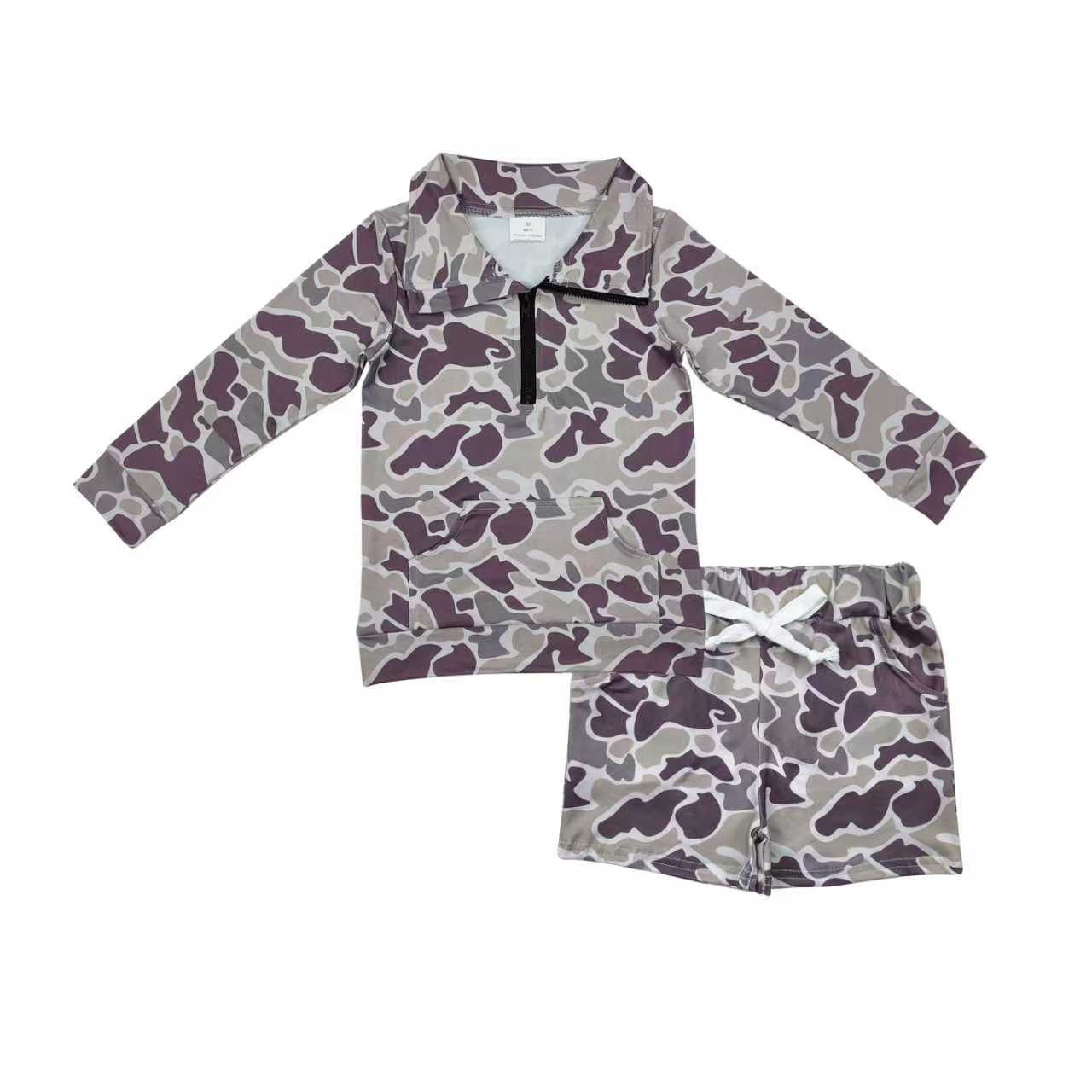 BLS0009 grey camo zipper long sleeve camo shorts boys set