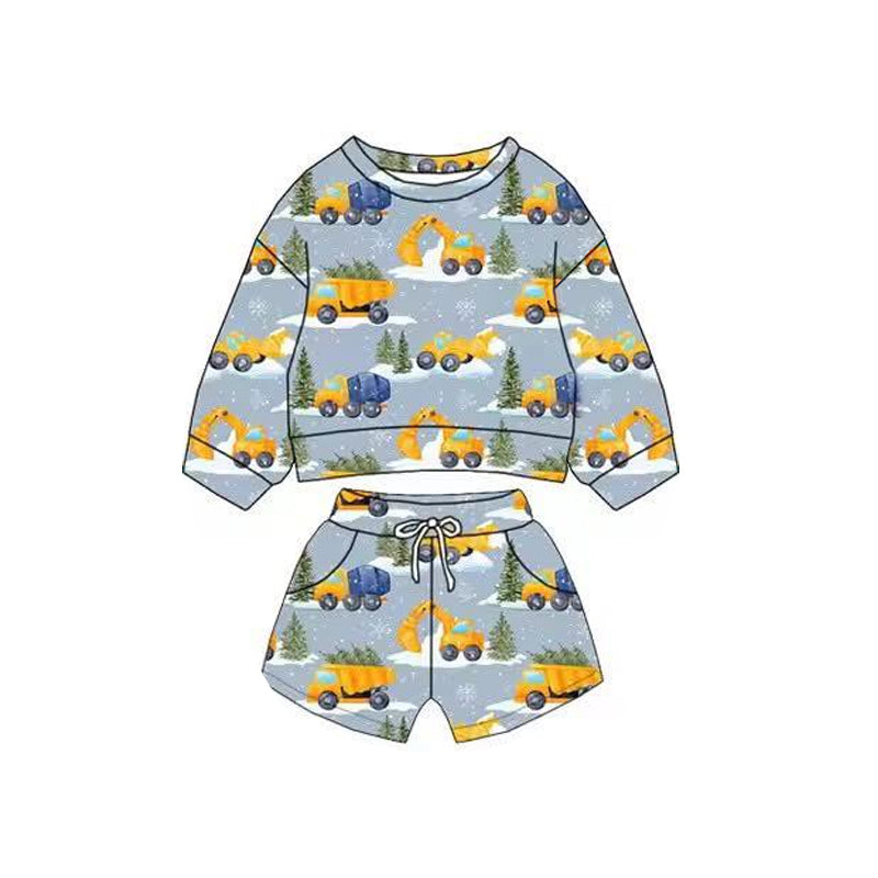 preorder BLS0016 Construction Truck Tree Blue Long Sleeve Shorts Boys Set