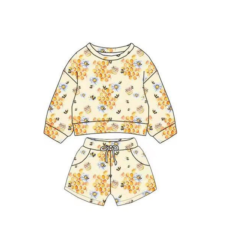 preorder BLS0019 Bee Flowers Yellow Long Sleeve Shorts Boys Set