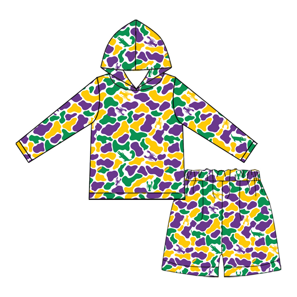 preorder BLS0063 Mardi Gras Camo Hoodie Long Sleeve Shorts Boys Set