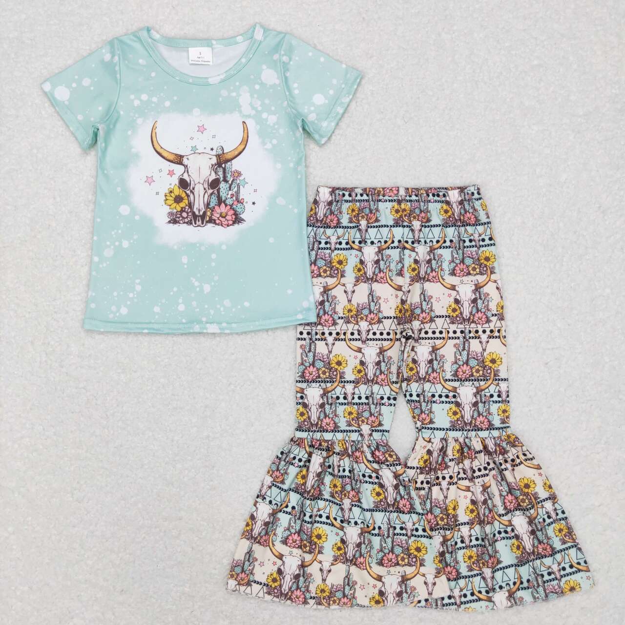 GSPO1090 Western cow sunflowers green short sleeve pants girls set