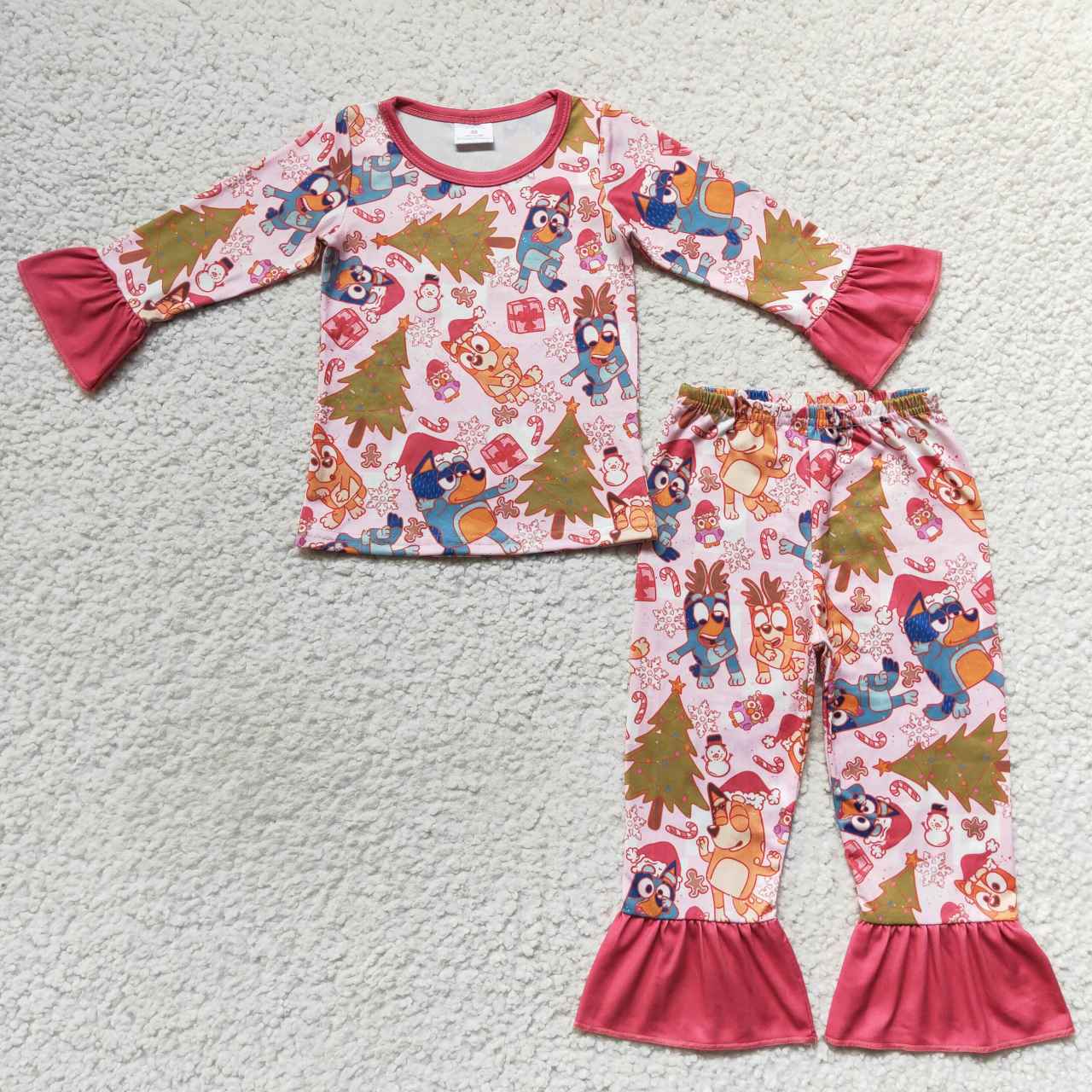 GLP0622 Christmas Cartoon Dog Pink Long Sleeve Pants Girls Pajamas