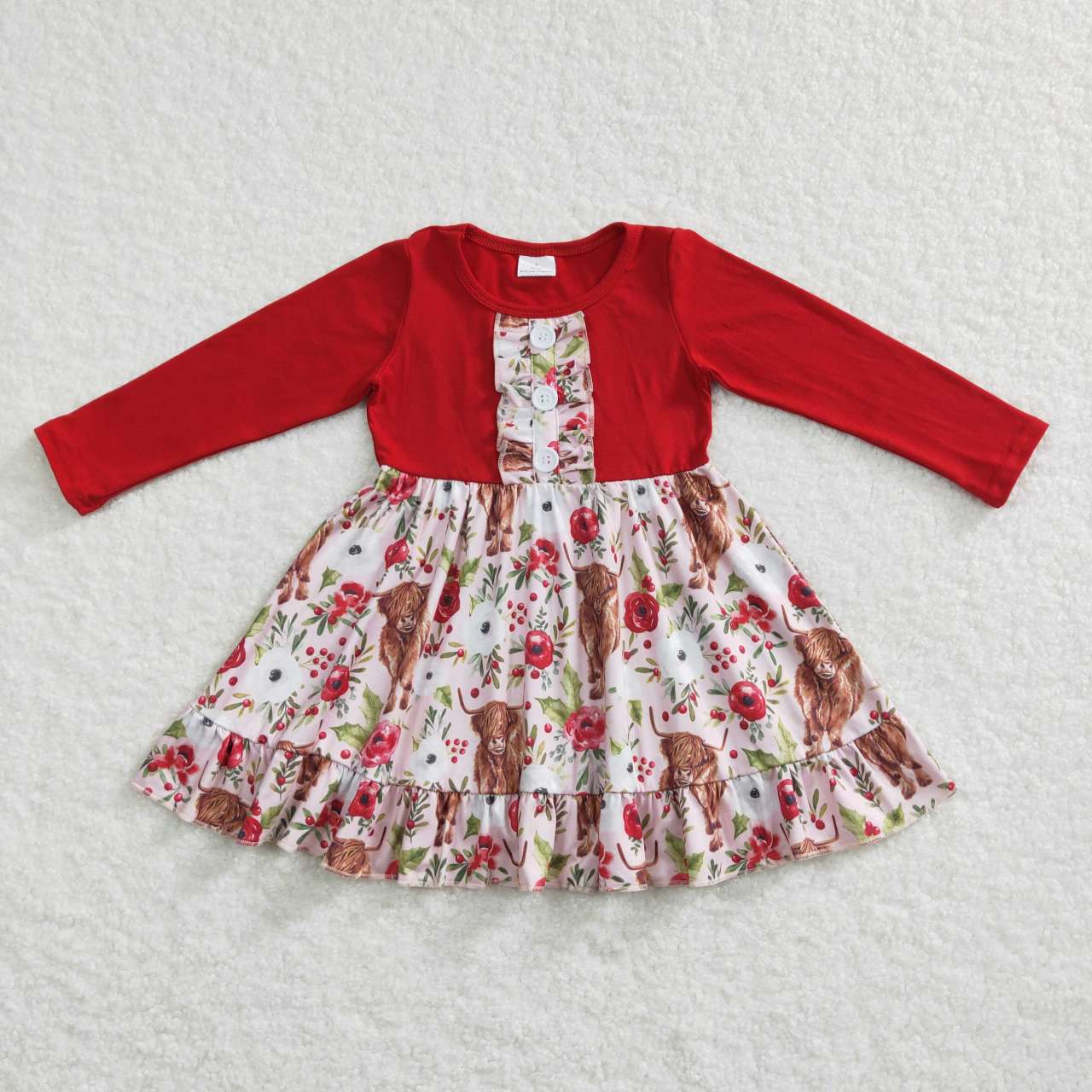 GLD0322 Highland cow red long sleeve girls dress
